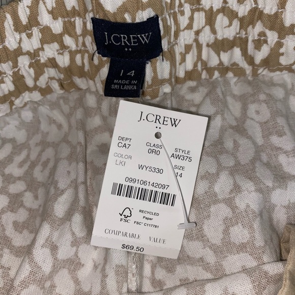 🎉HP🎉 NEW J.Crew Linen Leopard Drawstring Pants Elastic Waist Tan White Sz 14 - Picture 11 of 12